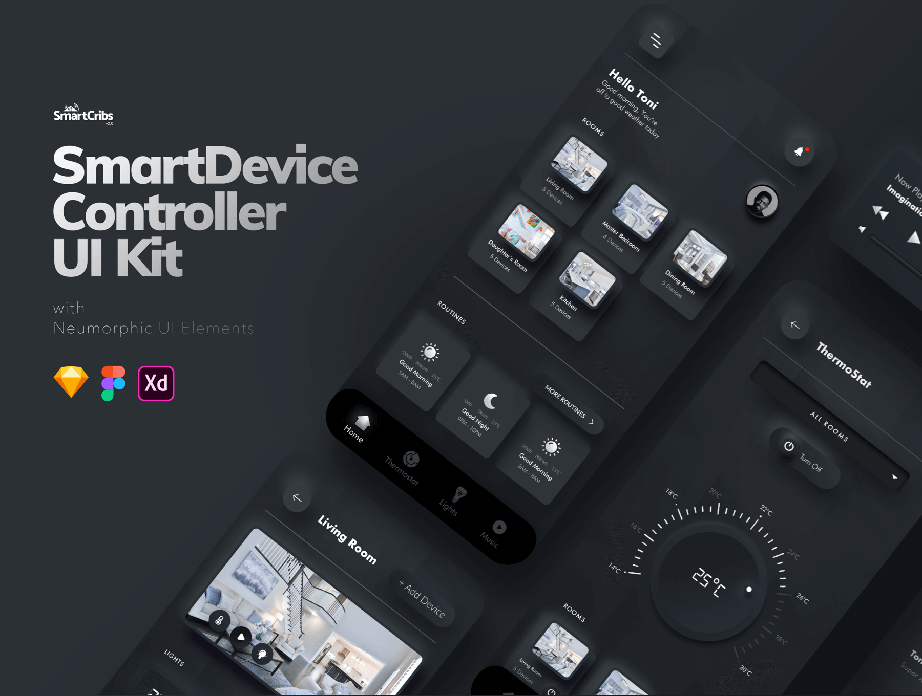 暗黑风格拟物化智能家居控制应用ui界面