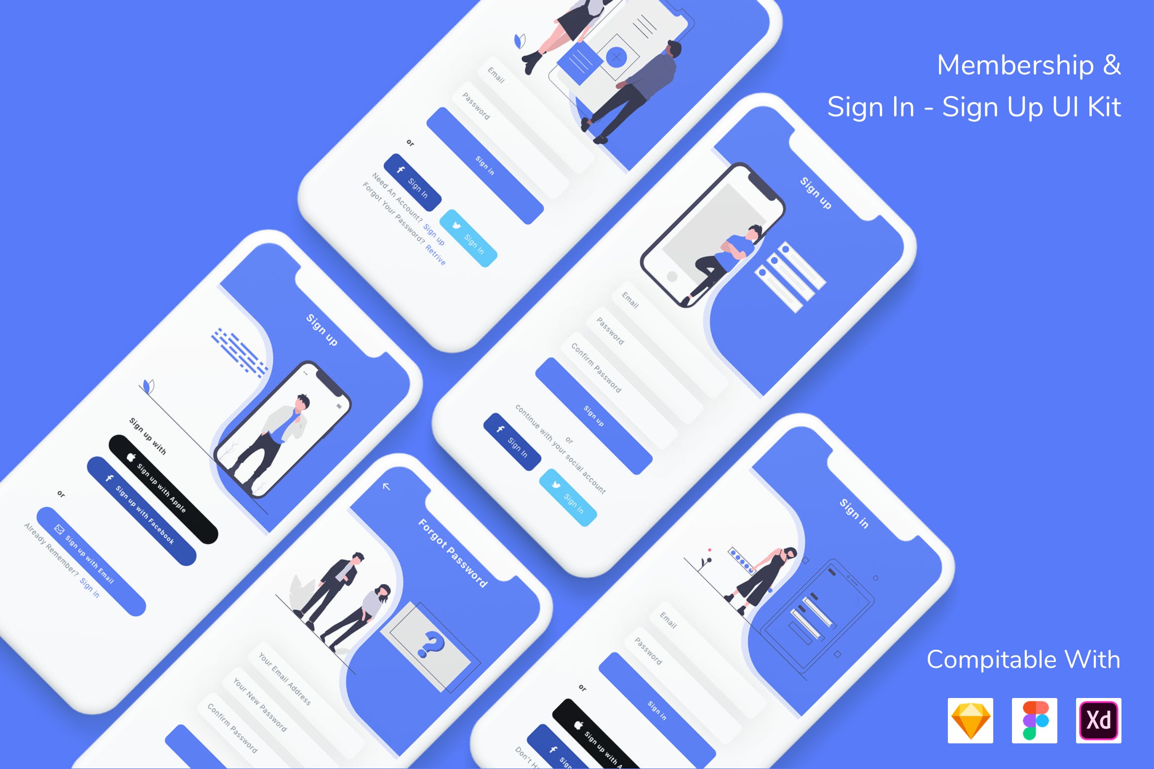 科技蓝扁平化简约的移动应用程式登陆注册封面ui设计素材(fig,sketch